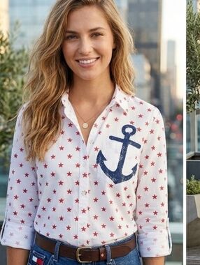 ​Tommy Hilfiger Nautical Anchor Star Button Up Shirt SP Women's NWOT